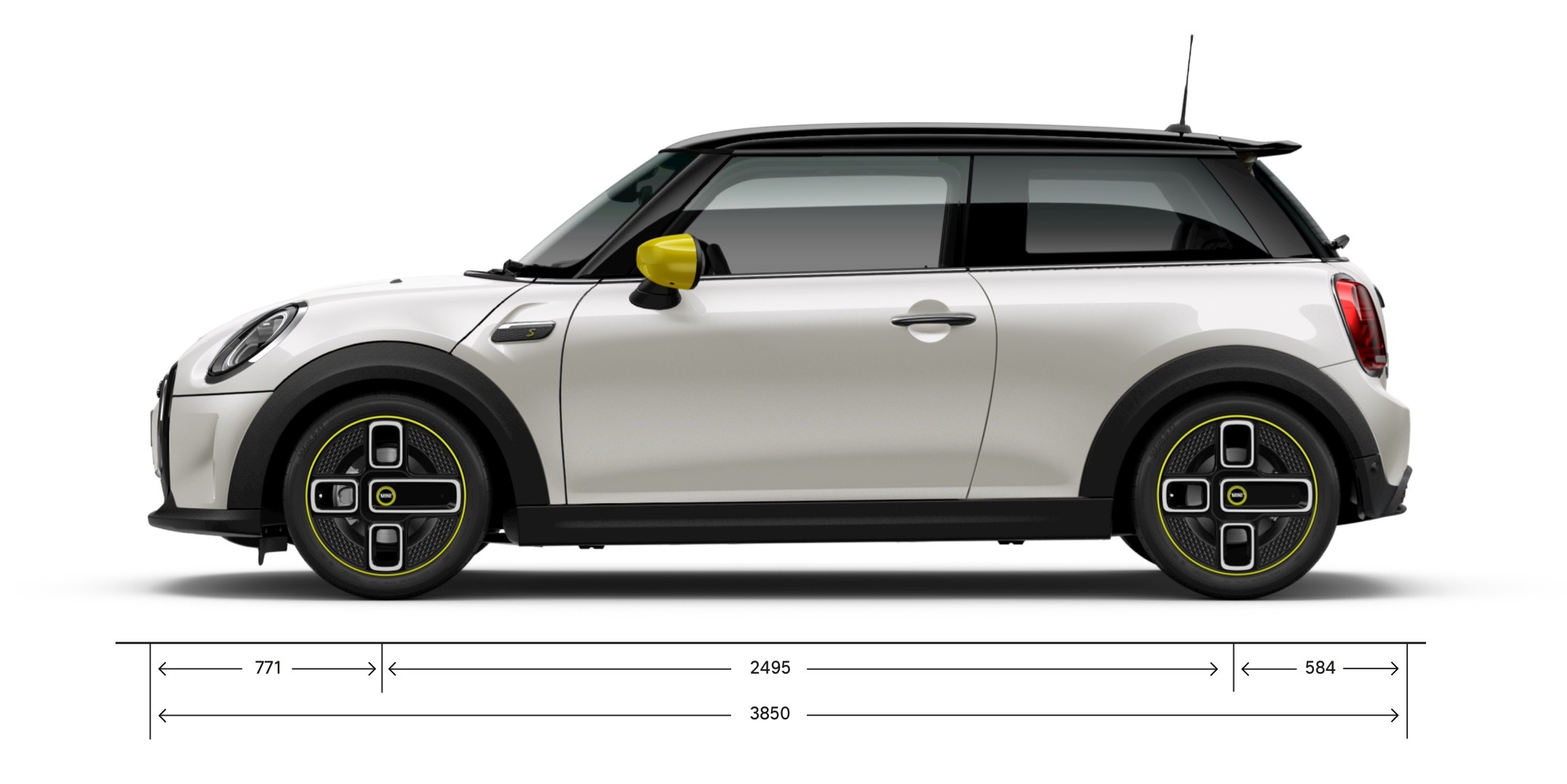 MINI Cooper SE 3-dverové – bočný pohľad – rozmery